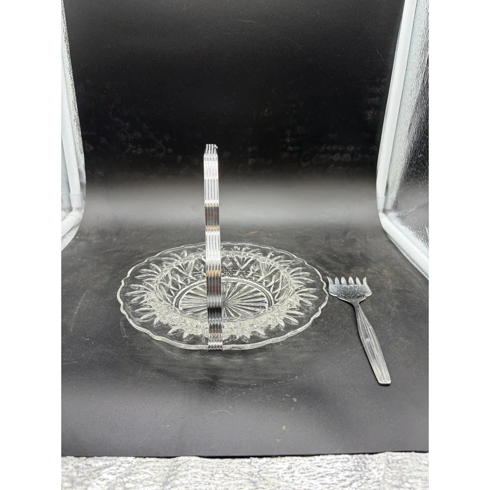 Vintage Pressed Glass Relish Dish with Chrome Handle and‎ Serving Fork Set